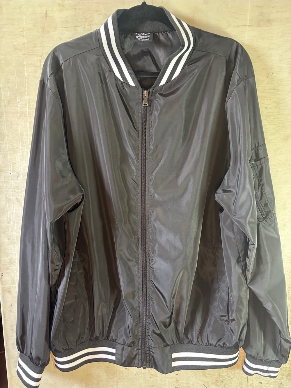 Original Deluxe Black Bomber Jacket with White Stripe Trim